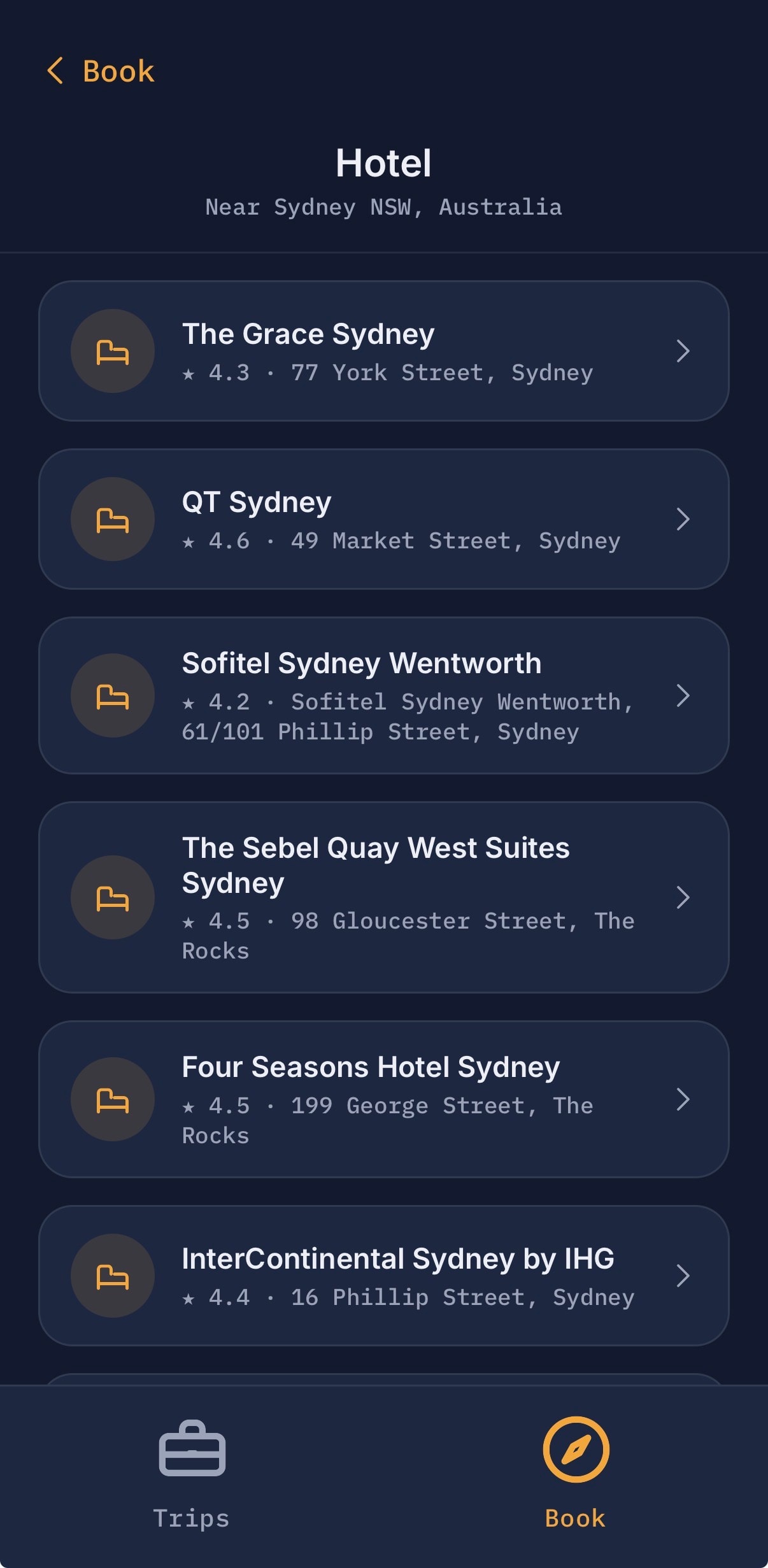 Hotels near the destination with ratings and addresses