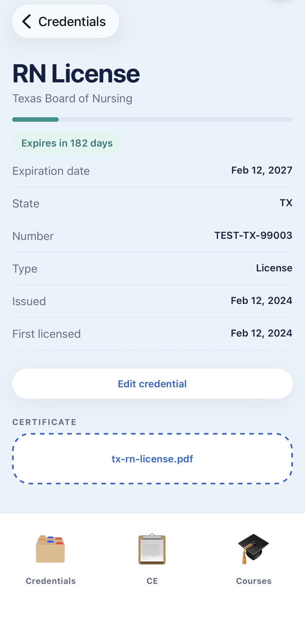 RN License detail screen showing expiration date, state, license number, and attached certificate
